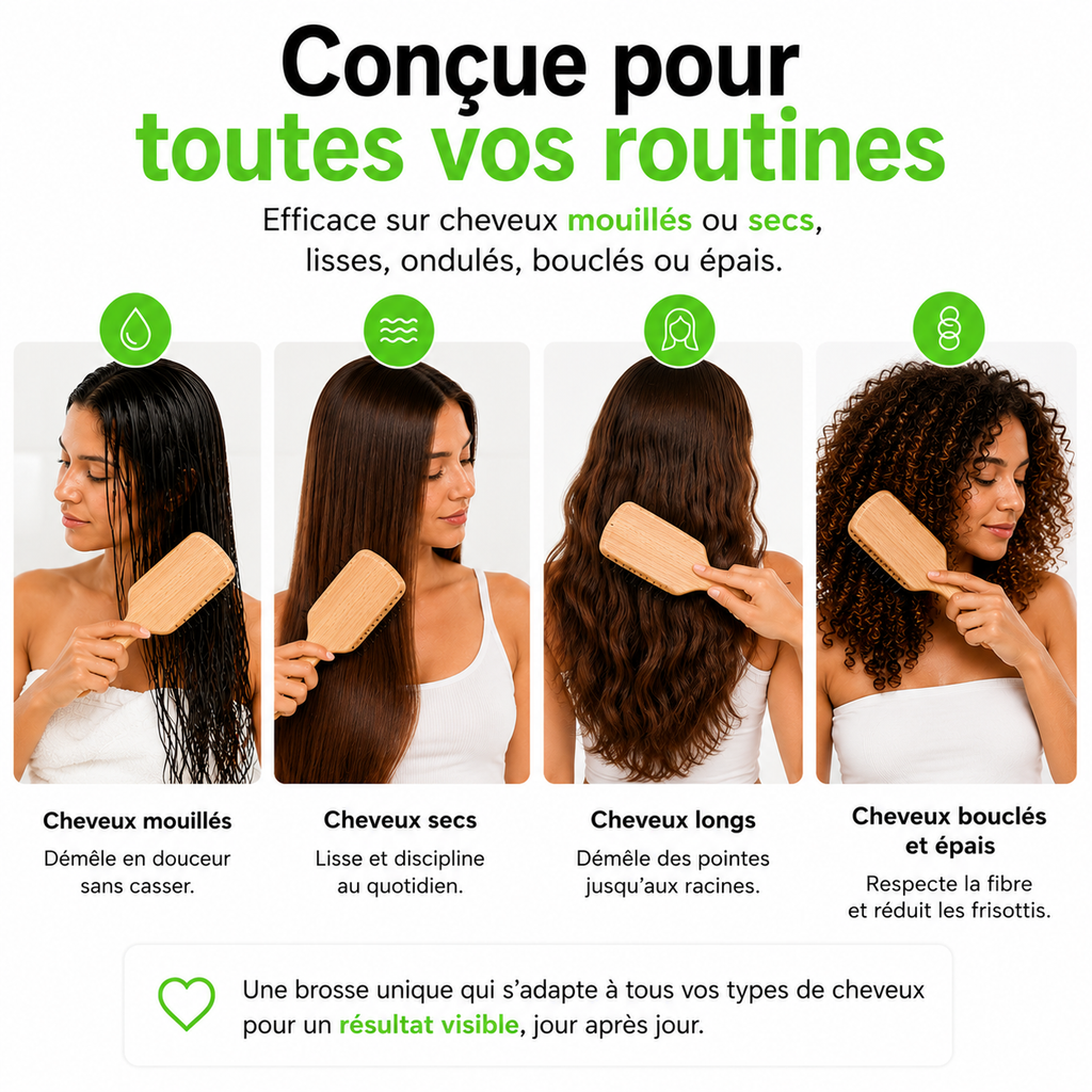 Brosse Plate Bambou — conçue pour tous les types de cheveux