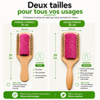 Brosse Plate Bambou — comparaison des tailles : format compact 21 cm (manche plat) et grand format 25 cm (manche arrondi)