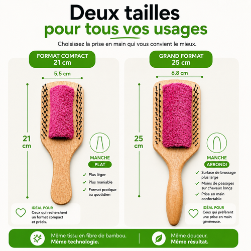 Brosse Plate Bambou — comparaison des tailles : format compact 21 cm (manche plat) et grand format 25 cm (manche arrondi)